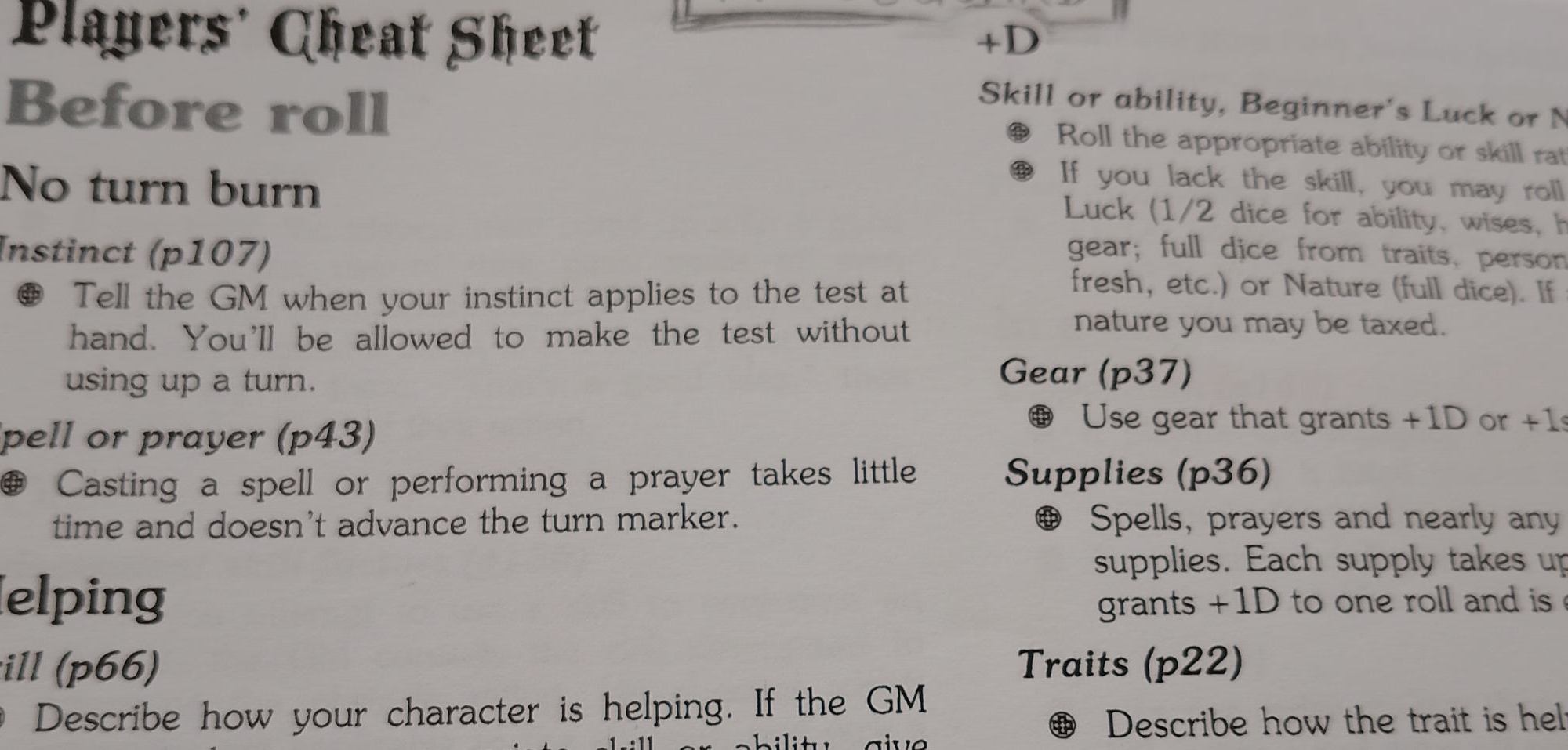 Torchbearer Cheat Sheet