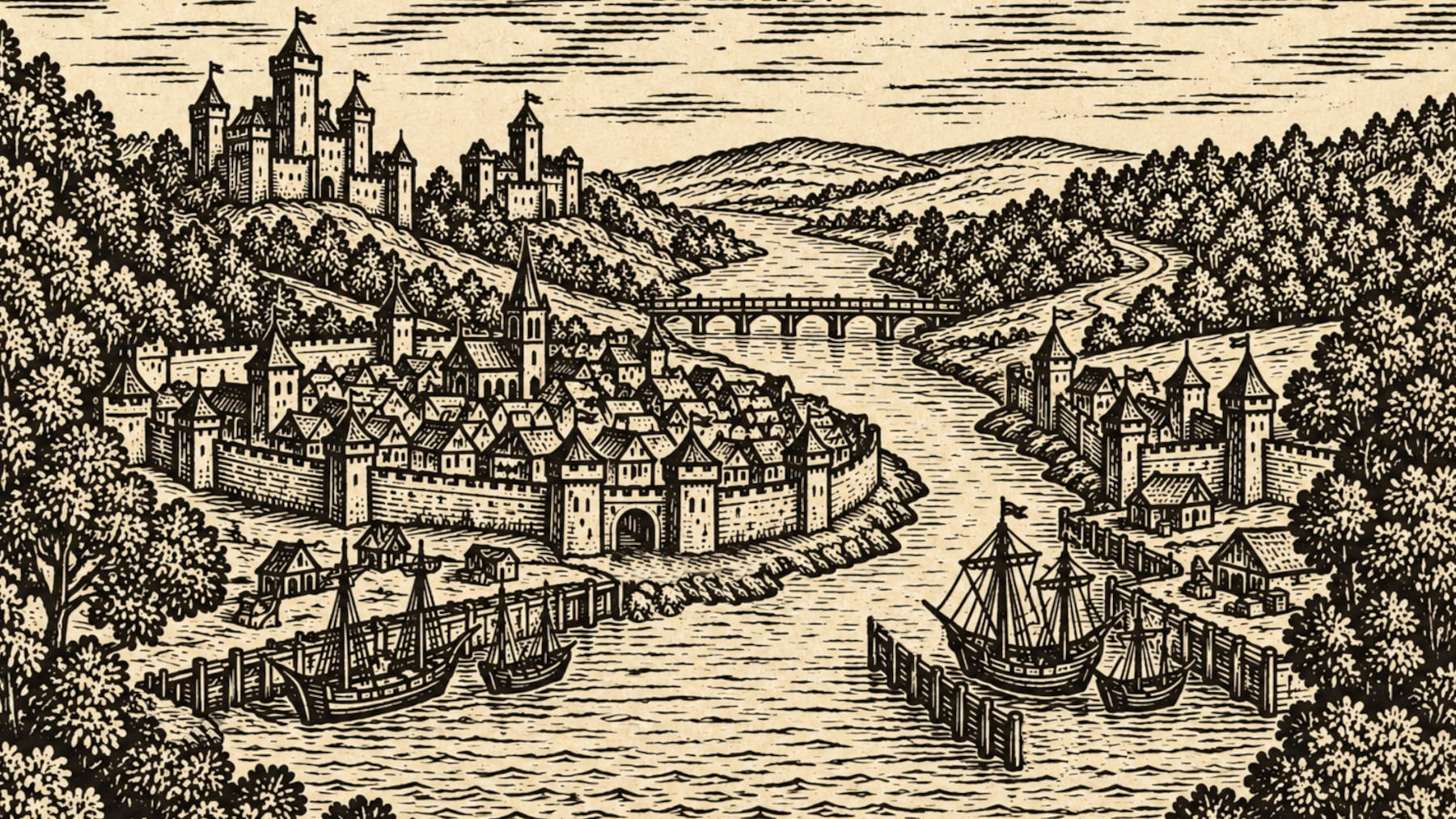 AI-generated riverside city, manually corrected
